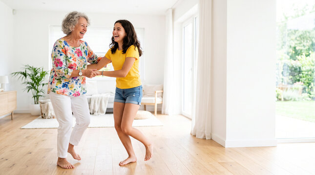 Granddaughter dancing with grandmother at home as intergenerational bonding and active aging concept