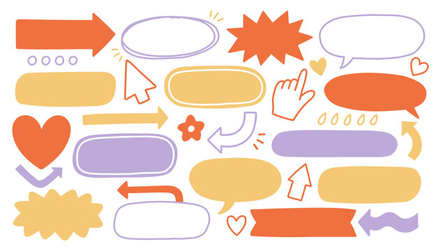 Vector set of blank speech bubbles, hand cursor pointers, directional arrows, and decorative hearts for video blog overlays, web design, and social media post creation