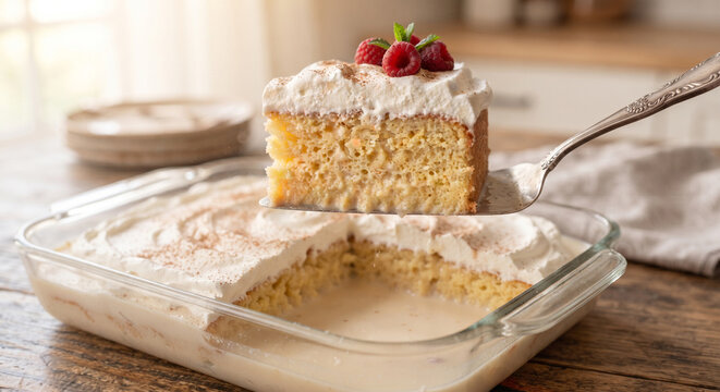 &nbsp;A dynamic, high-action shot of a cake server lifting a clean slice of Tres Leches cake from a glass baking dish, showing the ultra-moist layers holding together despite being soaked in liquid.