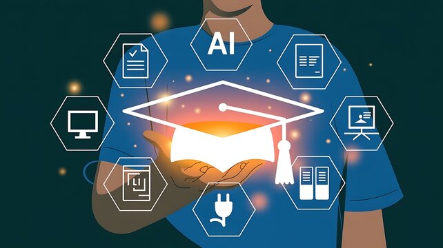 Artificial intelligence and education a digital graduation cap with surrounding icons symbolizing modern learning and technology