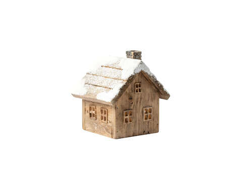 Rustic wooden house miniature with snow on roof, decorative winter cabin model, cozy timber cottage ornament for seasonal holiday decor isolated on Transparent Background