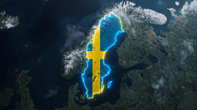 Sweden map outlined in glowing neon lines, displaying flag colors, superimposed on satellite earth view in high detail.