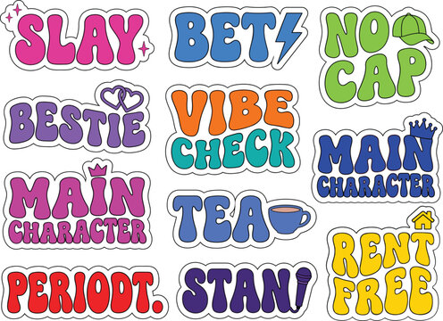 Gen Z Slang Sticker Pack with Trendy Youth Typography, Internet Expressions and Colorful Retro Lettering