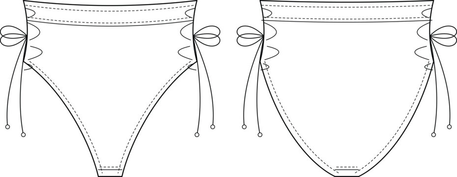 Women's Tie Side Bikini Bottom CAD Drawing Technical Flat Sketch Front and Back Vector TemplateWomen's Tie Side Bikini Bottom CAD Drawing Technical Flat Sketch Front and Back Vector Template