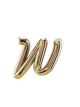 Gold 3D Letter w, metallic, lowercase, isolated on transparent background with realistic reflections, script style font