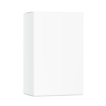 Realistic closed paperboard box mockup for design, presentation of medicine, food, cosmetic product. Half side view. 3D hight realistic editable vector illustration isolated on white background. EPS10