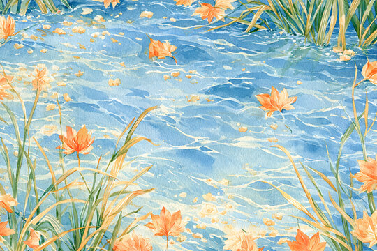 Watercolor full-frame illustration of a tashlich riverside scene with flowing water, bread crumbs and autumn leaves, with a densely packed close-up arrangement