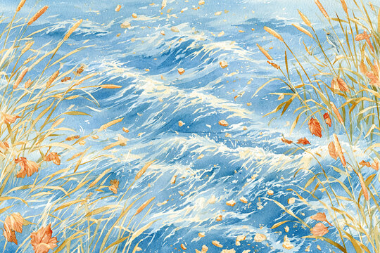Watercolor full-frame illustration of a tashlich riverside scene with flowing water, bread crumbs and autumn leaves, with a vibrant, richly colored arrangement