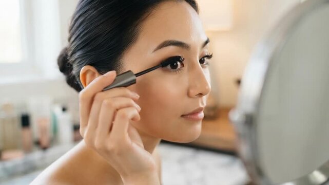 A young woman applying mascara in a well-lit bathroom with natural light and soft decor