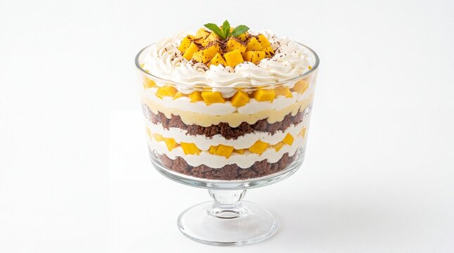 Delicious mango trifle layered with chocolate cake sponge and fresh whipped cream served in clear glass bowl on white background