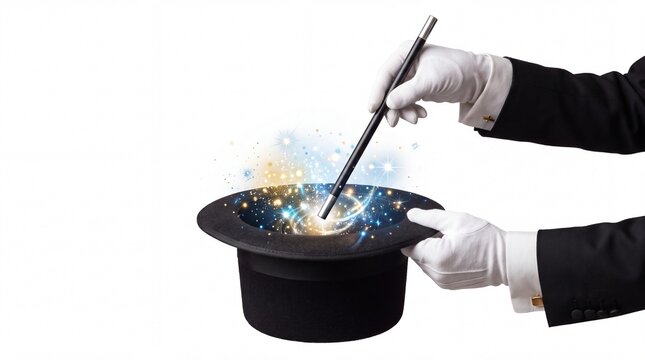 Magician in formal suit holding magic wand over black top hat with glowing sparkles created during performance on white background