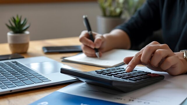 Professional accountant managing budget and financial planning using calculator and notebook in an office setting
