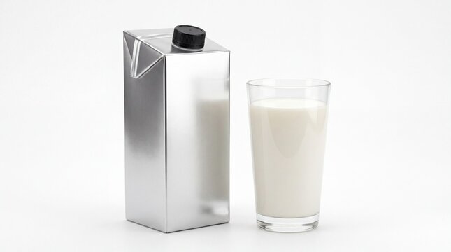 Metallic cardboard carton packaging standing beside a clear glass filled with fresh organic white dairy milk on white background
