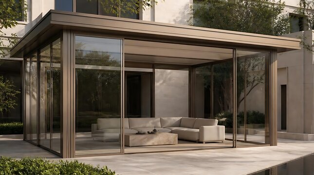 Modern glass sunroom extension with comfortable seating area and outdoor patio.