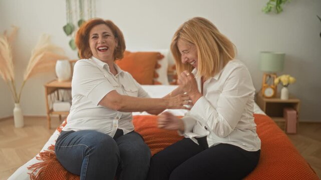 Woman on bed laughing while another woman tickles her arm in a building bedroom with orange throw and pillows; joy friendship warmth.