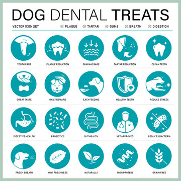 Dog dental treats icon set for design, branding, presentation of pet health products. The solid vector icons are well scalable and editable for packaging label design. EPS10.