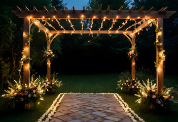 Fototapeta premium Outdoor wedding ceremony arch with string lights and floral decorations at night, romantic garden event setup