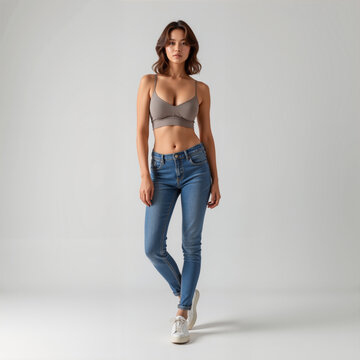 Woman in taupe bralette top and blue skinny jeans standing in studio