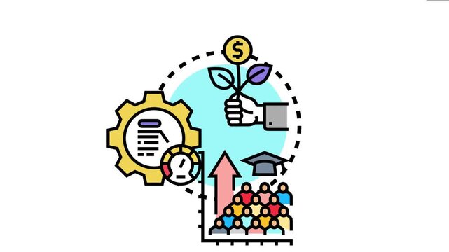 Business growth acceleration concept illustrates improving education, development, and market analysis leading to financial investment returns and successful project outcomes