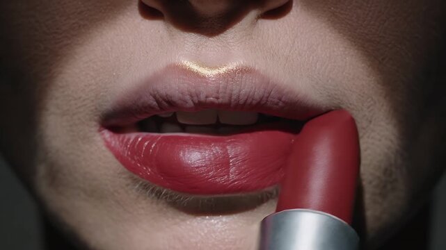 Lipstick, makeup and beauty with woman applying cosmetics for fashion, skincare and aesthetic. Mouth, lips and face in studio with red color, luxury product and facial care for commercial style