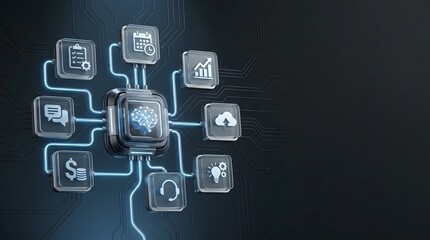 Fototapeta premium Artificial intelligence driving integrated business solutions with interconnected data processing and automated workflow management, visualizing smart technology concepts