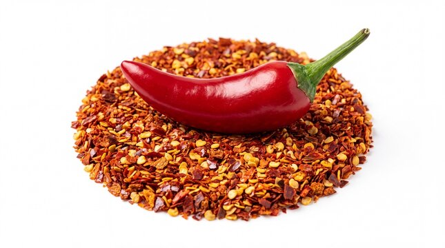 Fresh red chili pepper resting on a circular pile of dried crushed spice flakes creating sharp contrast on white background