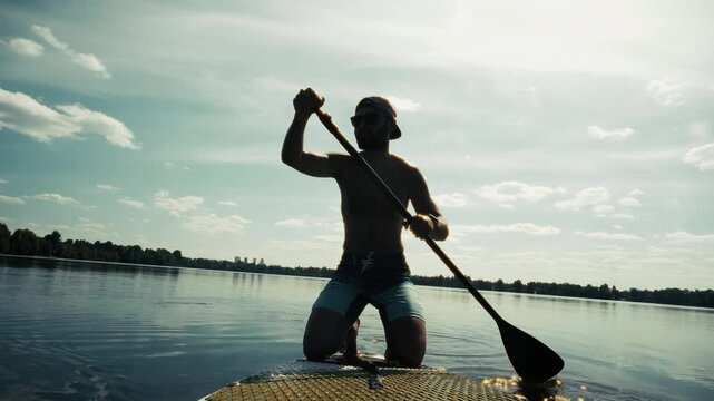 Paddleboarder Kneeling On Stand Up Paddle Board And  Paddling On Lake 