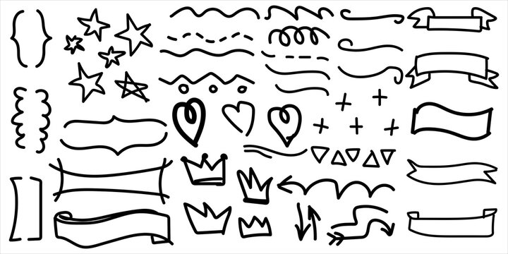 Set of hand drawn doodle elements including banners ribbons hearts stars arrows and decorative text dividers