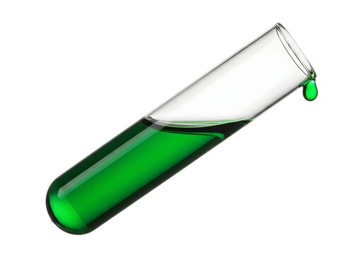 Green liquid dripping from tilted test tube isolated on white background