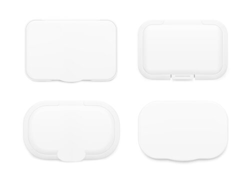 Blank plastic wet wipes lid, realistic flip-top cap mockup set. 3D hight realistic vector illustration isolated on white background. Scalable, editable. Ready layered template. EPS10.