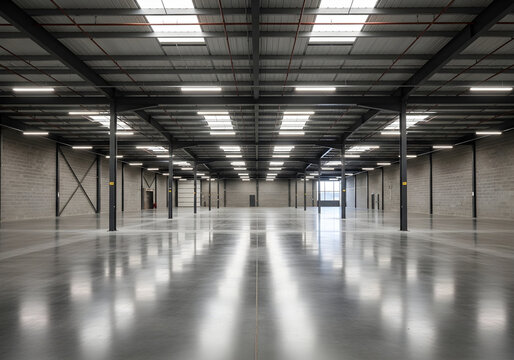 Modern empty warehouse with industrial lighting and pillars isolated on white background