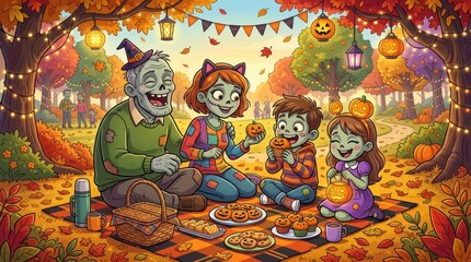 Obraz premium Happy family dressed in cute zombie costumes having a fun halloween picnic on a blanket in a colorful autumn park with pumpkins and decorations
