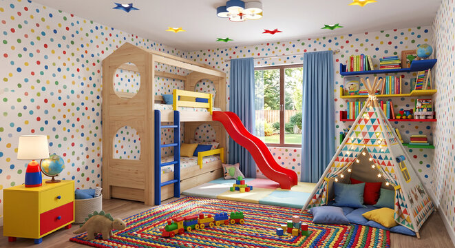  Kids' playful bedroom, bunk bed with slide, colorful polka dot wallpaper, teepee reading nook, floating bookshelves, primary color accents, 3D render.