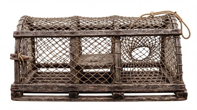 Weathered wooden lobster trap crafted from aged timber and woven hemp netting featuring rustic texture isolated on white background
