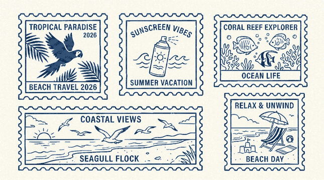 Set of five decorative summer vacation postage stamp illustrations with illustrations tropical travel designs with displays collection five