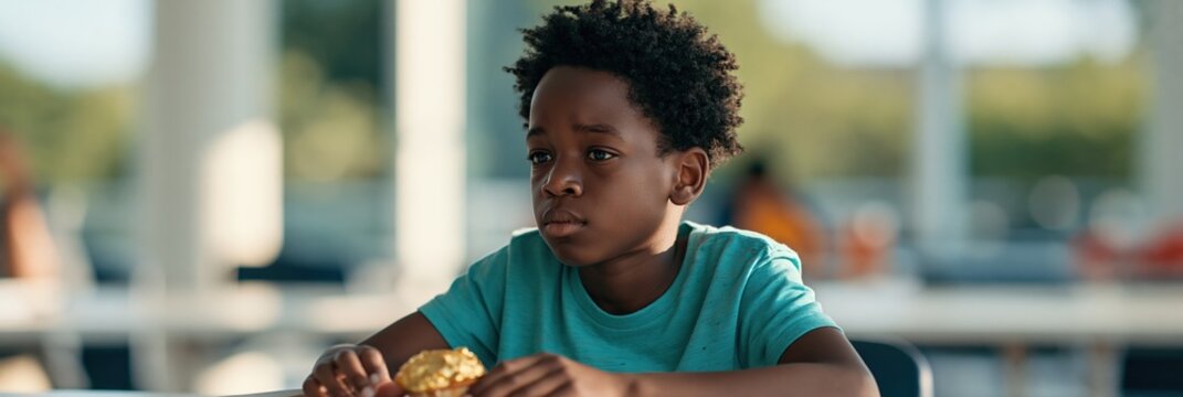 Young boy sitting at a cafeteria table holding a muffin with thoughtful expression for school lunch poster banner background
