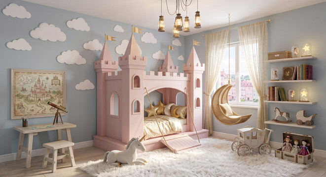 Pastel fairytale kids' room, castle-shaped pink bed, white cloud wall decals, golden star cushions, fluffy white rug, magical glow, 3D render.