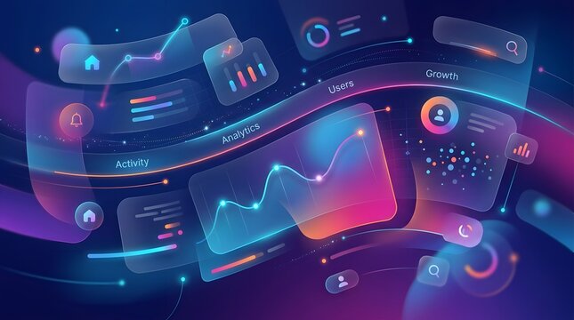 Futuristic digital UI dashboard with glowing neon charts and graphs analytics interface