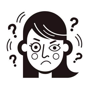 Confused woman with question marks thinking face expression