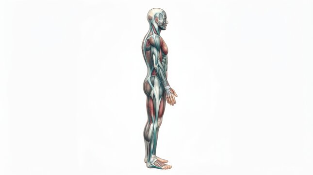 Human body anatomy displayed in detail showing myofascial structure and collagen in a side profile view. This highlights the back line anatomy.