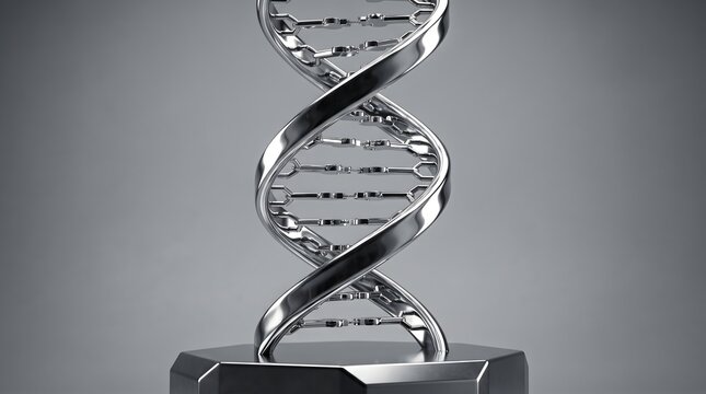 Metallic Chrome DNA Double Helix Model on Stand 3D Illustration