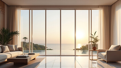 Fototapeta premium Luxurious living room with panoramic ocean view at sunset, featuring modern furniture and a serene atmosphere.