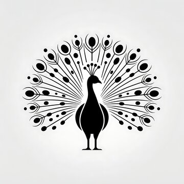 Elegant black peacock silhouette featuring intricate feather patterns displayed against a clean and minimalist white background