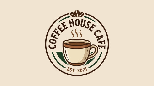 A vintage-style circular logo for "Coffee House Cafe" featuring a steaming cup of coffee and beans, established in 2021, on a light background.
