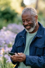 Fototapeta premium Vertical portrait of cheerful mature man checking smartphone in a flower garden for social media and website banner background