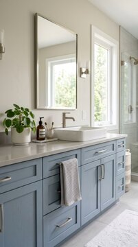 Modern Bathroom Vanity with Blue Cabinets and Vessel Sink.