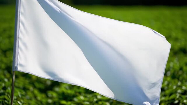 White Flag Waving on Green Grass Field Symbol of Surrender or Peace