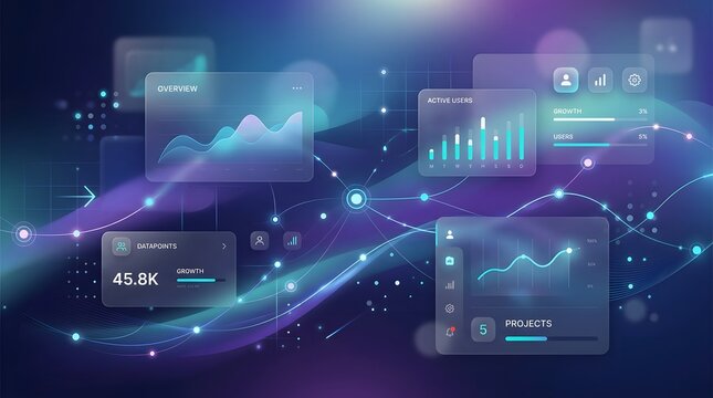 Abstract digital data visualization interface with futuristic charts and glowing analytics screens