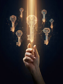 Person reaching hand towards illuminated electronic keys for cybersecurity and solution