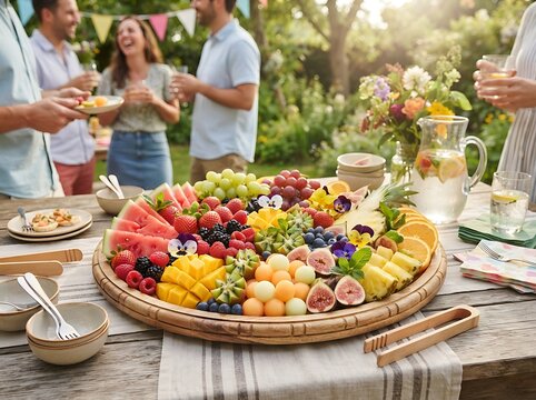 Assorted Fresh Seasonal Fruit Platter Served on a Wooden Tray at a Festive Outdoor Garden Party with Friends Socializing in the Background